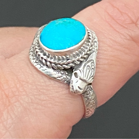 Vintage 925 Sterling Silver Turquoise Double Head Snake Southwestern Ring Size 9 - Picture 13 of 16